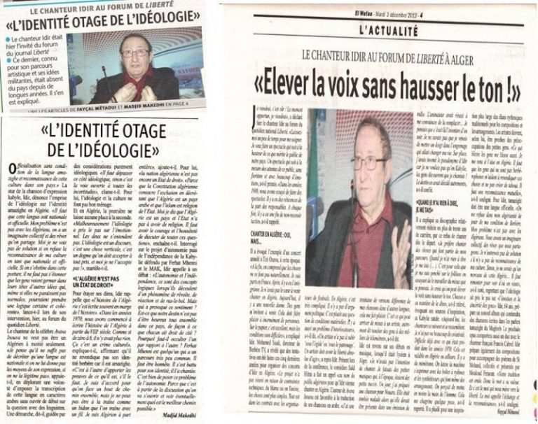 Déclaration du chanteur Idir sur l’indépendance de la Kabylie, El Watan, un journal anti-Kabyle ?