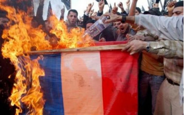 Des Algériens brûlent des drapeaux français